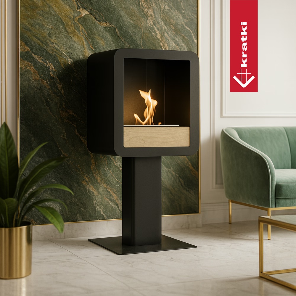 Voľne stojaci biokrb TETRA/STAND s dubovým čelom pri mramorovej stene v modernej obývačke