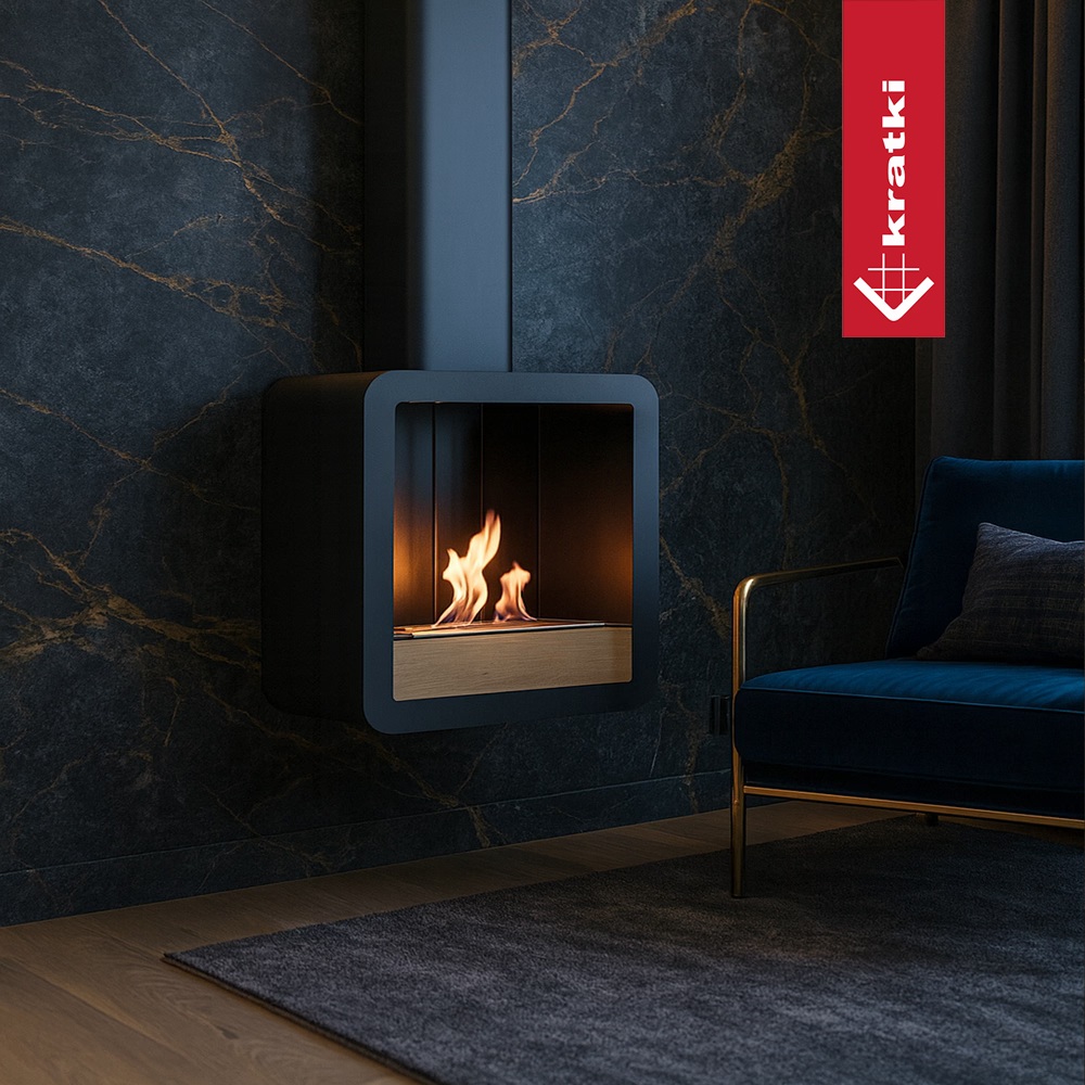 Moderný závesný biokrb TETRA na bioetanol s dubovým čelom pri tmavej mramorovej stene, vedľa modrého kresla v dizajnovej obývačke