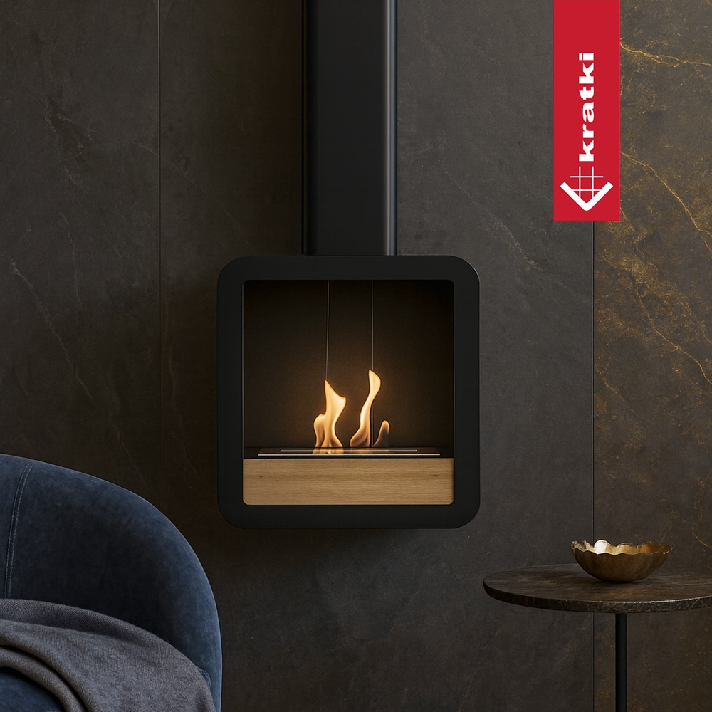 Závesný biokrb TETRA s dubovým čelom na tmavej kamennej stene, detail horiaceho plameňa v modernej obývačke