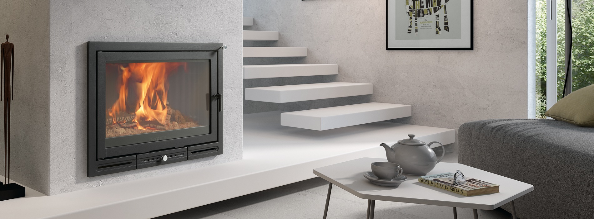 Liatinová krbová vložka HGB-70 s veľkým presklením v krbovej zostave