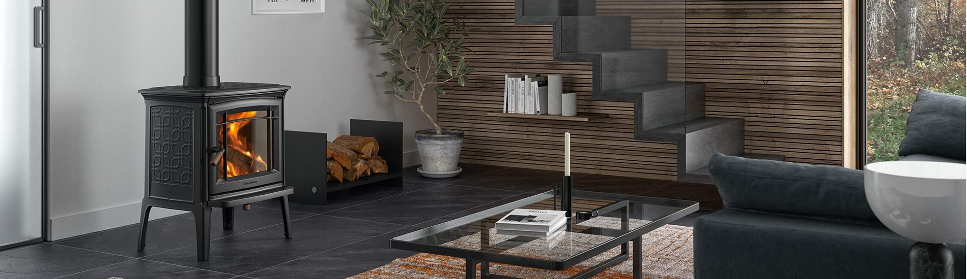 obr&aacute;zok - luxusne krbove kachle čiernej farby v modernej ob&yacute;vačke