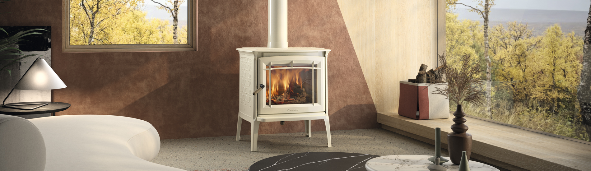 Moderné liatinové kachle SHELBURNE krémový smalt – ekologické vykurovanie, prémiové spracovanie a čisté sklo