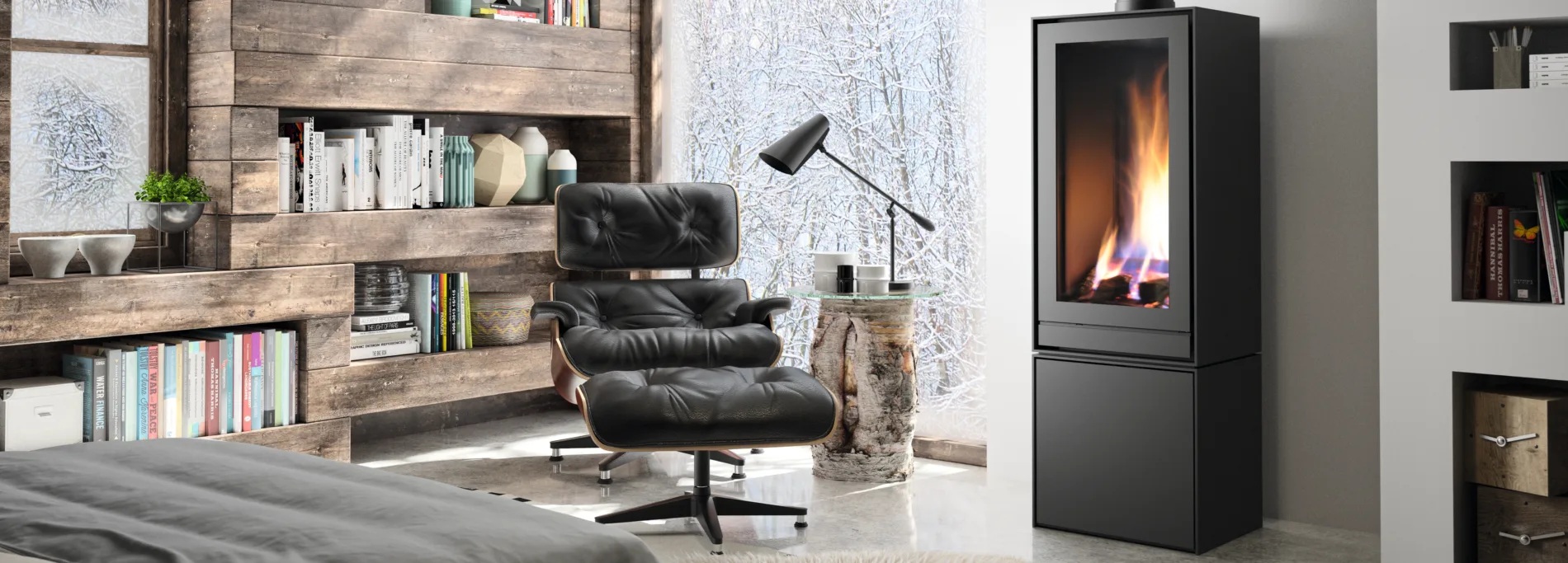 Luxusn&aacute; ob&yacute;vačka s plynov&yacute;mi kachľami Nestor Martin a realistick&yacute;m plameňom.