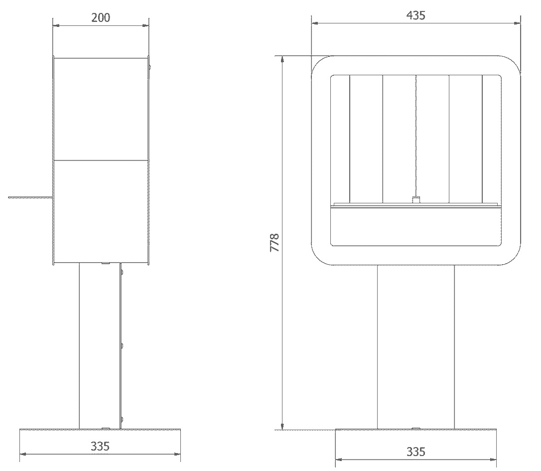 Technický nákres biokrbu TETRA/STAND s rozmermi 77,8 × 43,5 × 20 cm a detailom biovložky AF/P/TUV/V2