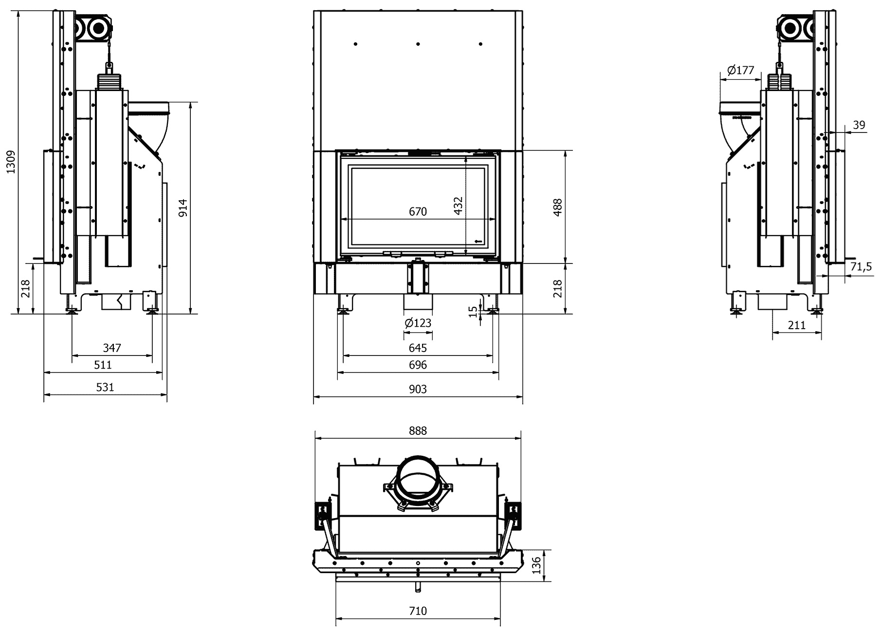 Technický výkres a rozmery pre krby kratki zibi g eco