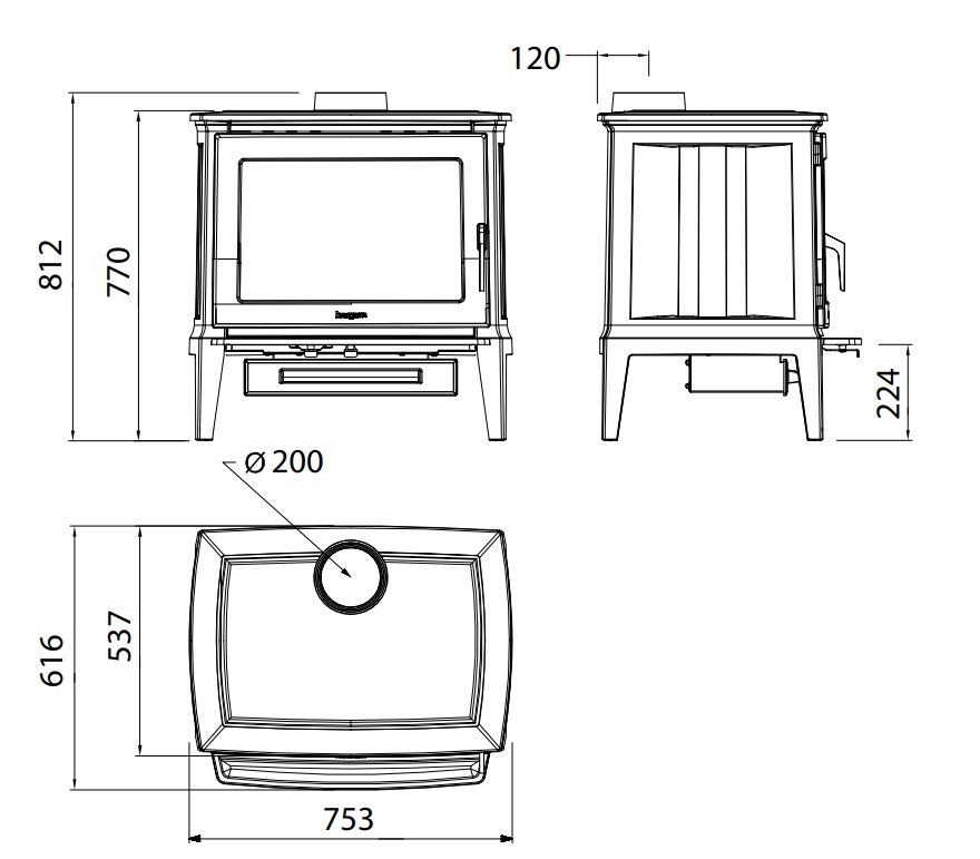 Technické rozmery liatinovej piecky Hergom E-30 L